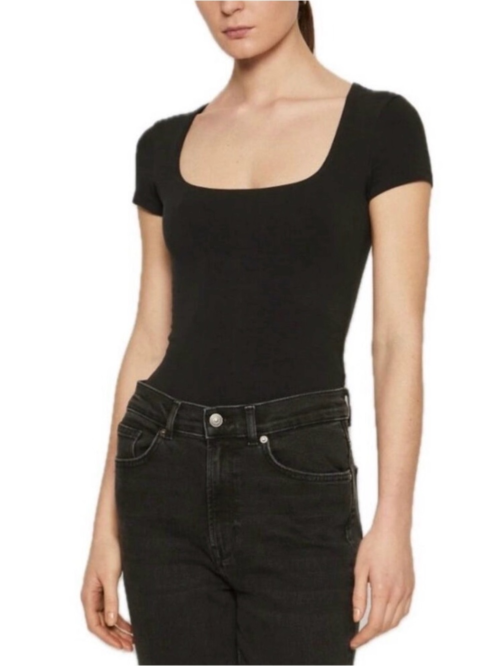 Women’s Black Square Neck Ribbed Short Sleeve Bodysuit